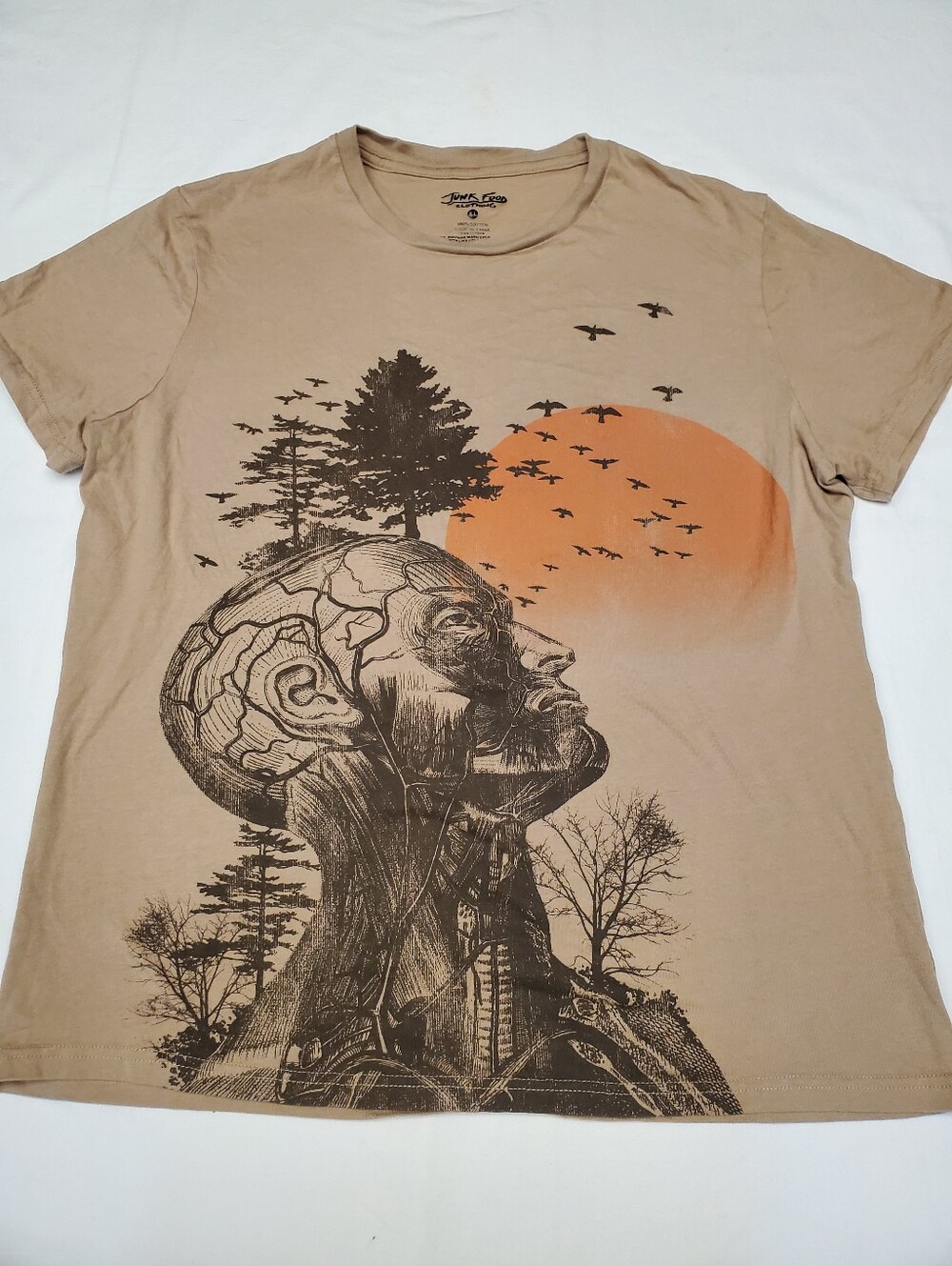 Junk Food Clothing Anatomical Nature Graphic Tee XL Tan Surrealist Art Birds